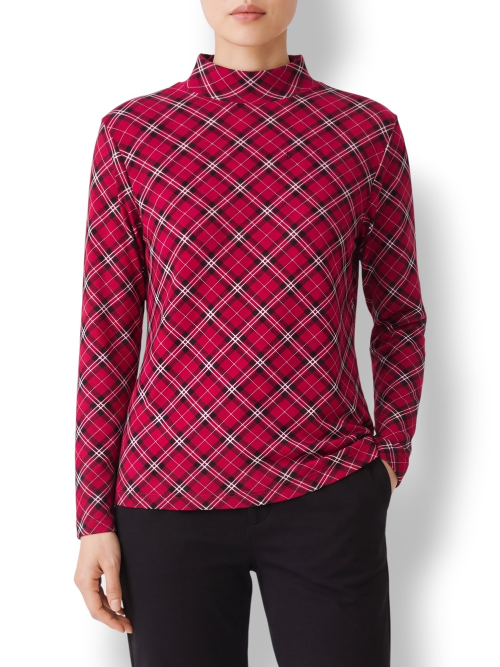 4/$20 Croft & Barrow Red Plaid Mock Neck Christmas Holiday Top Size Large